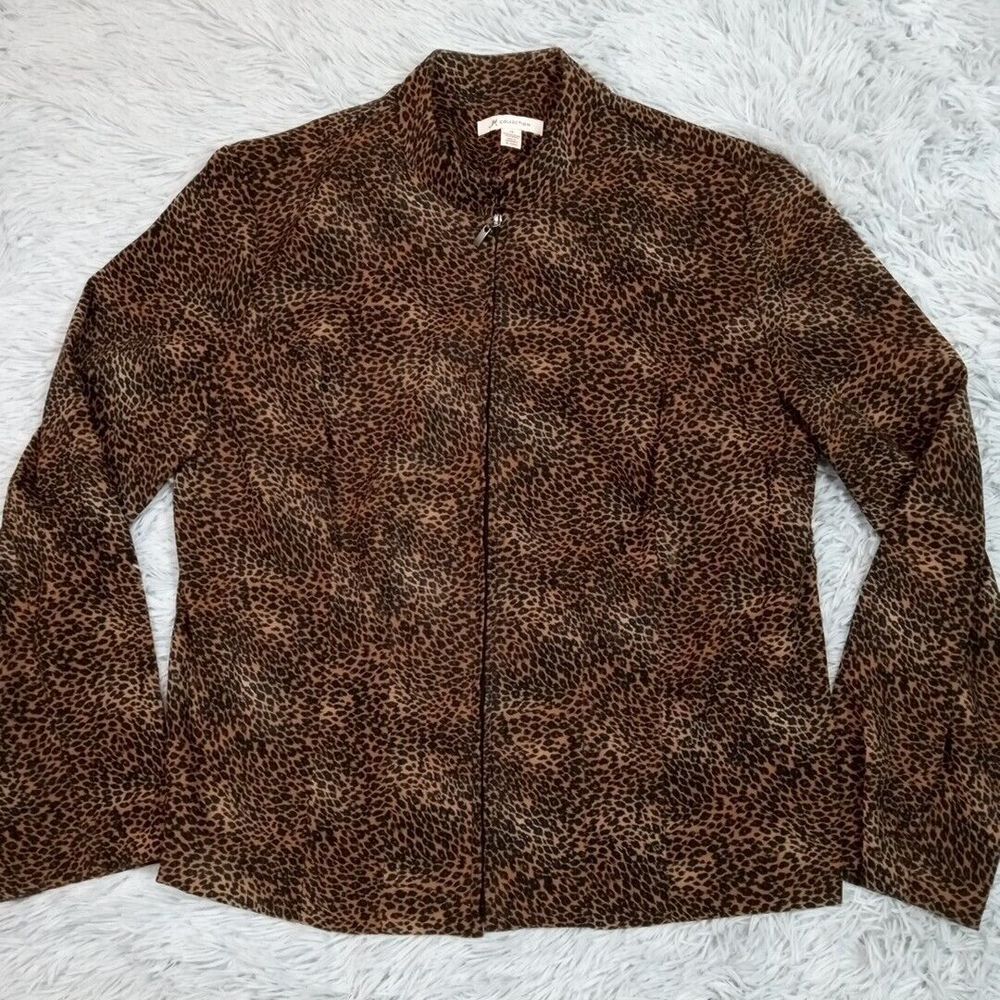 JM Collection Jacket Womens‎ 14 Brown Animal Print Stretch Lightweight Coat Zip